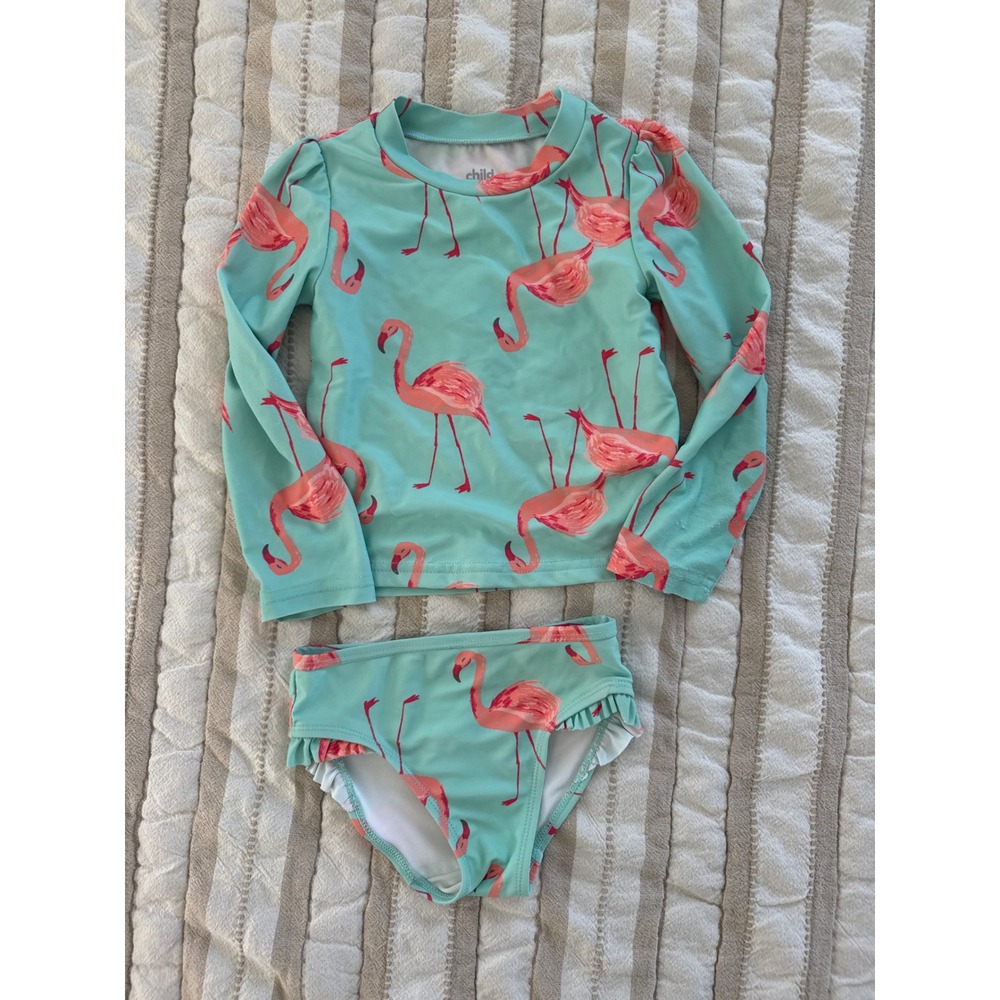 Child of Mine by Carters Girls 2T Flamingo Rash Guard Swimsuit Set Mint Green